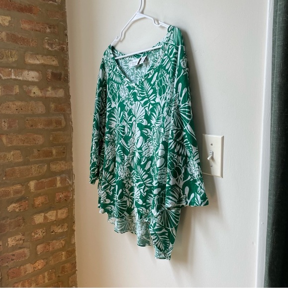 100% Linen Nicole Miller New York Green Floral Women's Top 3X - Picture 2 of 5